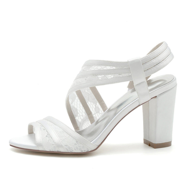 Women's Wedding Shoes Open Toe Chunky Heel Crossed-Strap Lace Elegant Bridal Shoes