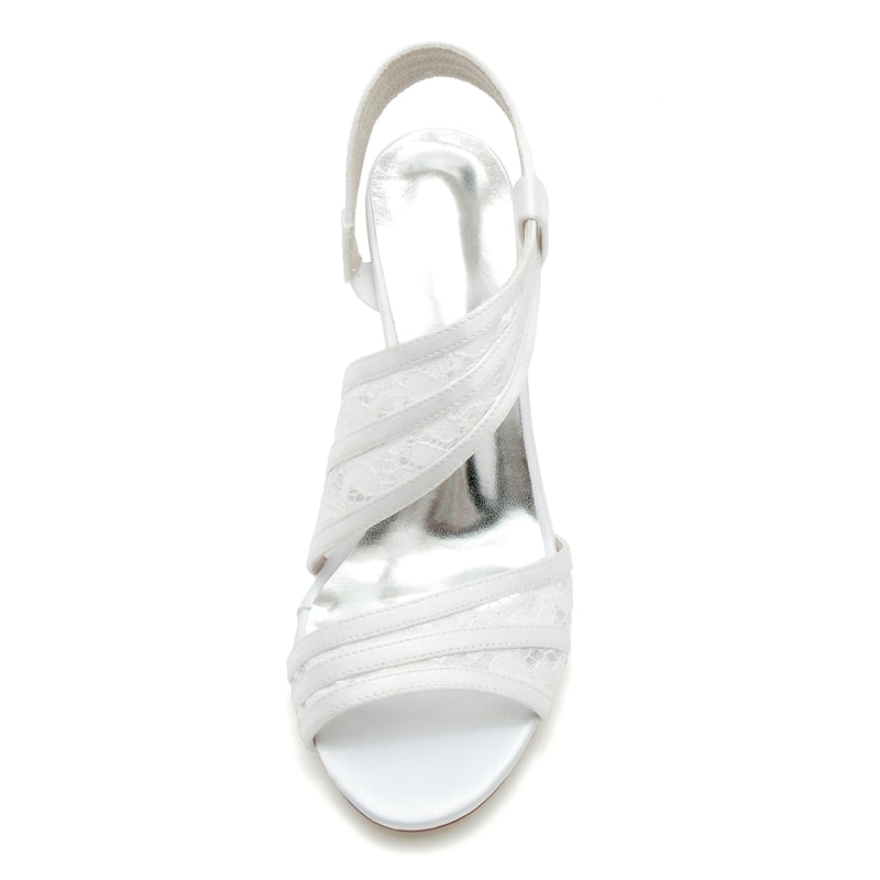 Women's Wedding Shoes Open Toe Chunky Heel Crossed-Strap Lace Elegant Bridal Shoes