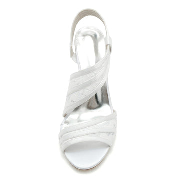 Women's Wedding Shoes Open Toe Chunky Heel Crossed-Strap Lace Elegant Bridal Shoes