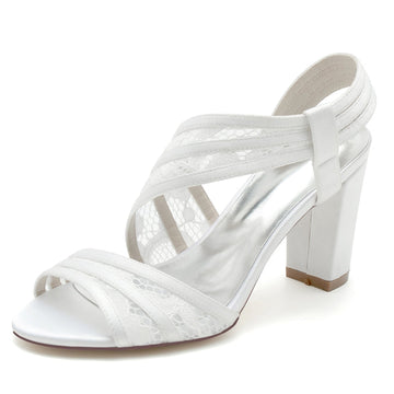 Women's Wedding Shoes Open Toe Chunky Heel Crossed-Strap Lace Elegant Bridal Shoes