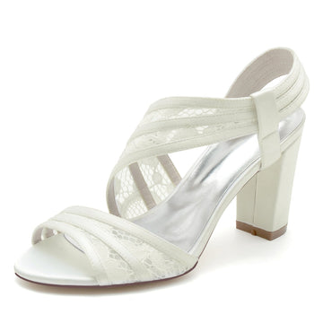 Women's Wedding Shoes Open Toe Chunky Heel Crossed-Strap Lace Elegant Bridal Shoes
