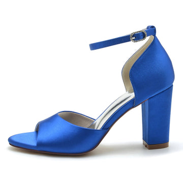 Women's Wedding Shoes Royal Blue Open Toe Block Heel Minimalism Buckle Bridal Shoes