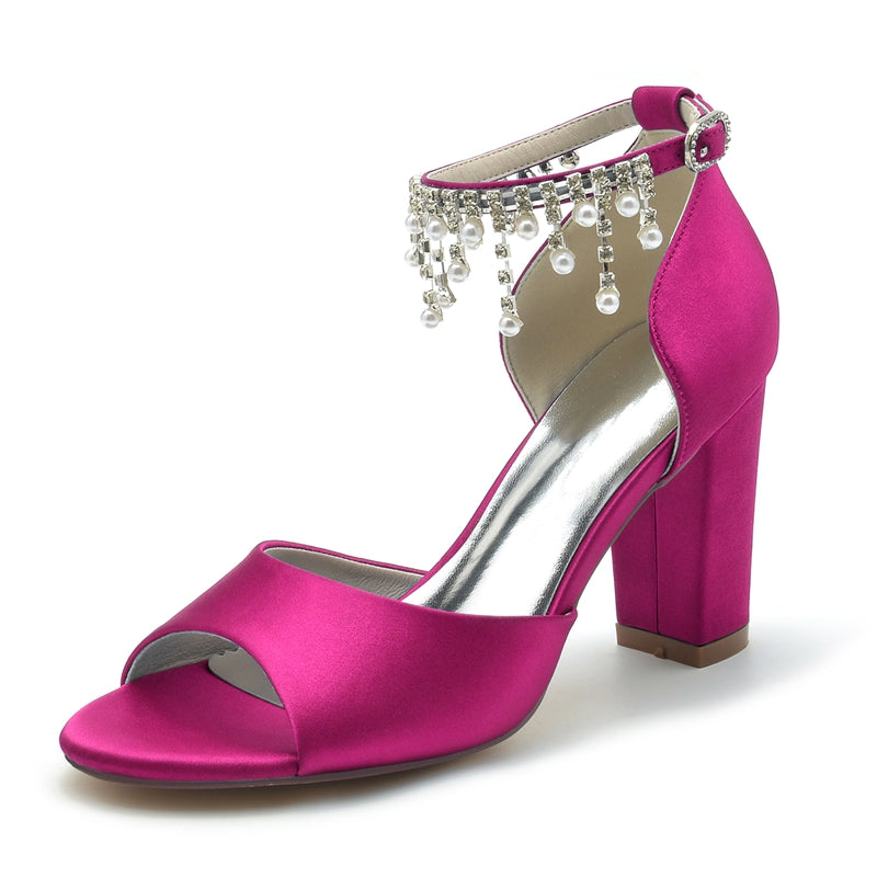 Women's Wedding Shoes Peep Toe Chunky Heel Elegant Buckle Bridal Shoes with Pearl Tassel