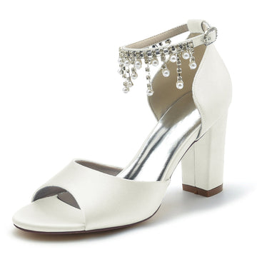 Women's Wedding Shoes Peep Toe Chunky Heel Elegant Buckle Bridal Shoes with Pearl Tassel