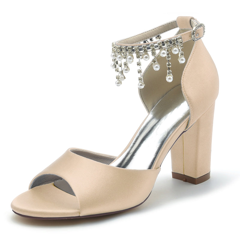 Women's Wedding Shoes Peep Toe Chunky Heel Elegant Buckle Bridal Shoes with Pearl Tassel