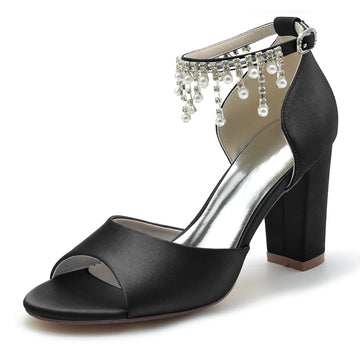 Women's Wedding Shoes Peep Toe Chunky Heel Elegant Buckle Bridal Shoes with Pearl Tassel