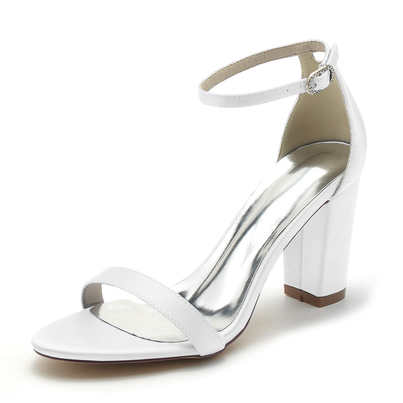 Women's Wedding Shoes Open Toe High Block Heel Simple Buckle Bridal Shoes