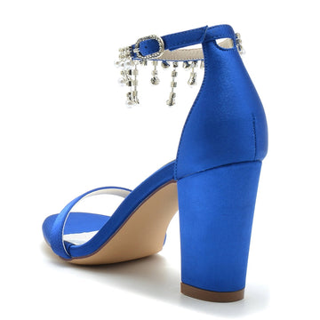 Women's Wedding Shoes Opened Toe Square Block Heel Elegant Pearl Tassel Buckle Bridal Shoes