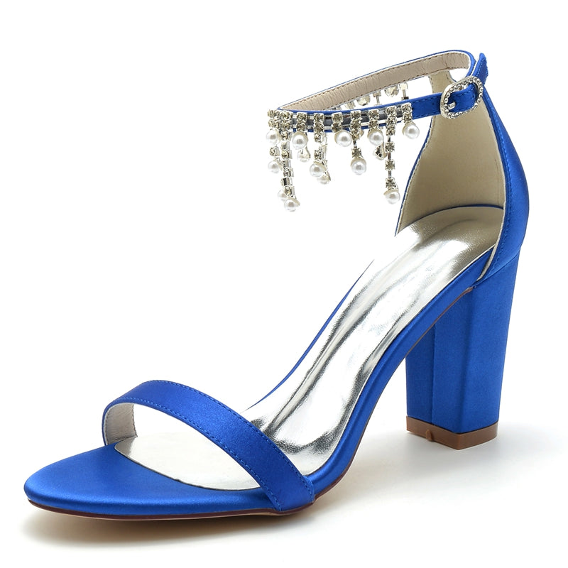 Women's Wedding Shoes Opened Toe Square Block Heel Elegant Pearl Tassel Buckle Bridal Shoes