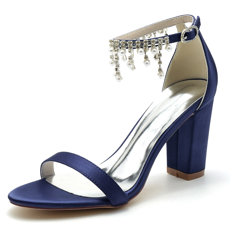 Women's Wedding Shoes Opened Toe Square Block Heel Elegant Pearl Tassel Buckle Bridal Shoes