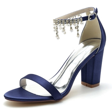 Women's Wedding Shoes Opened Toe Square Block Heel Elegant Pearl Tassel Buckle Bridal Shoes