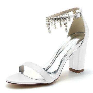 Women's Wedding Shoes Opened Toe Square Block Heel Elegant Pearl Tassel Buckle Bridal Shoes