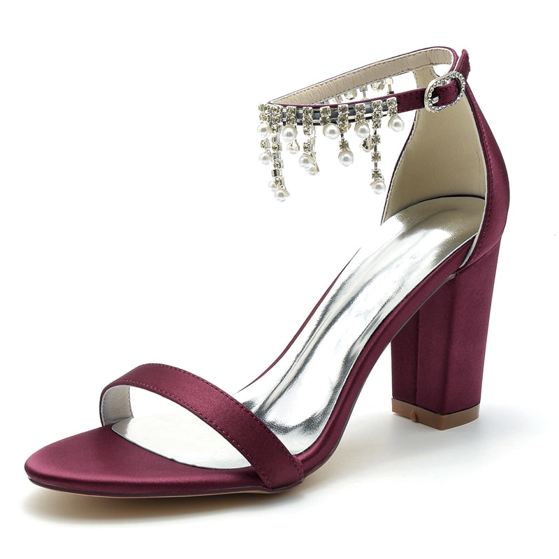 Women's Wedding Shoes Opened Toe Square Block Heel Elegant Pearl Tassel Buckle Bridal Shoes
