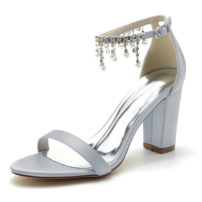 Women's Wedding Shoes Opened Toe Square Block Heel Elegant Pearl Tassel Buckle Bridal Shoes
