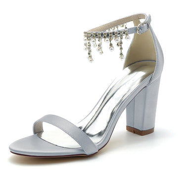 Women's Wedding Shoes Opened Toe Square Block Heel Elegant Pearl Tassel Buckle Bridal Shoes
