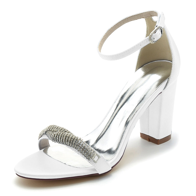 Women's Wedding Shoes Opened Toe Block Heel Chic Mini Rhinestone Buckle Bridal Shoes