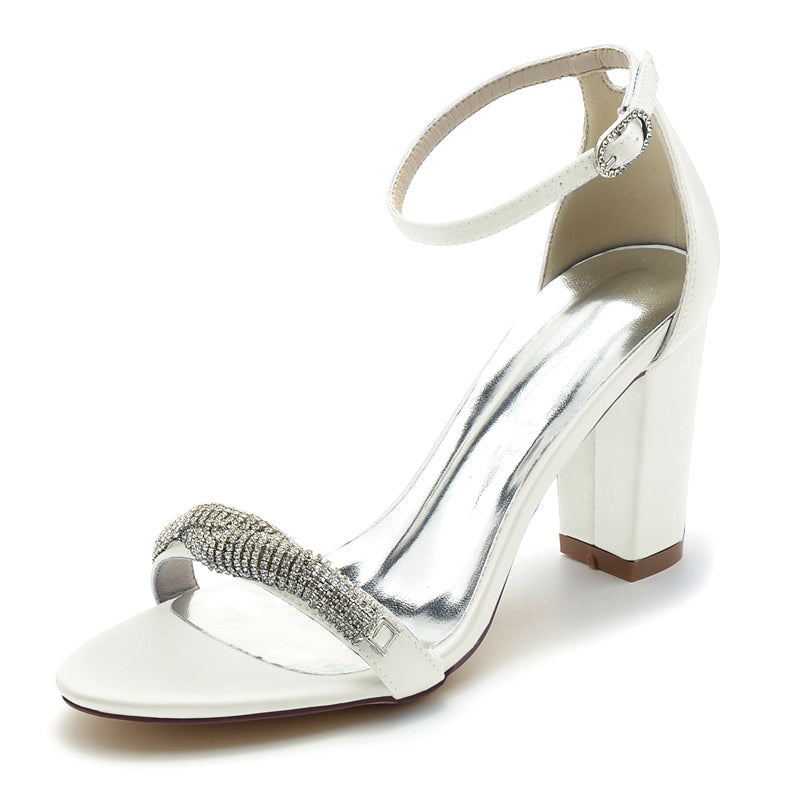 Women's Wedding Shoes Opened Toe Block Heel Chic Mini Rhinestone Buckle Bridal Shoes