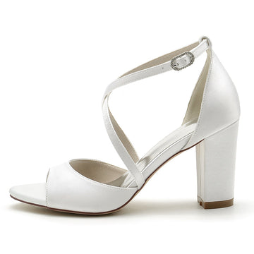 Women's Wedding Shoes Opened Toe Block Heel Crossed Straps Buckle Bridal Shoes
