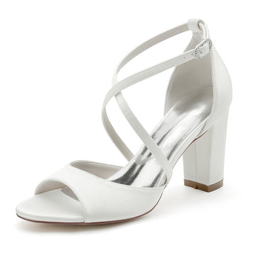 Women's Wedding Shoes Opened Toe Block Heel Crossed Straps Buckle Bridal Shoes