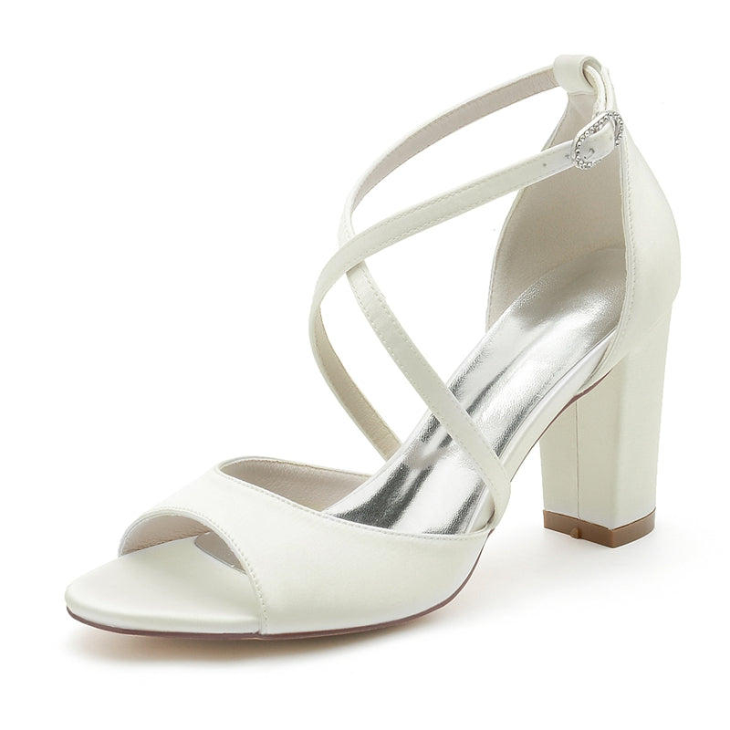 Women's Wedding Shoes Opened Toe Block Heel Crossed Straps Buckle Bridal Shoes