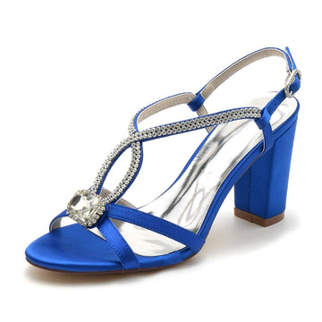 Women's Wedding Shoes Opened Toe Chunky Heel Elegant Buckle Bridal Shoes with Rhinestone