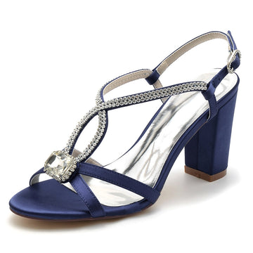 Women's Wedding Shoes Opened Toe Chunky Heel Elegant Buckle Bridal Shoes with Rhinestone