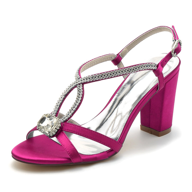 Women's Wedding Shoes Opened Toe Chunky Heel Elegant Buckle Bridal Shoes with Rhinestone