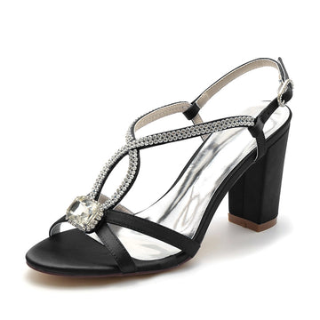 Women's Wedding Shoes Opened Toe Chunky Heel Elegant Buckle Bridal Shoes with Rhinestone