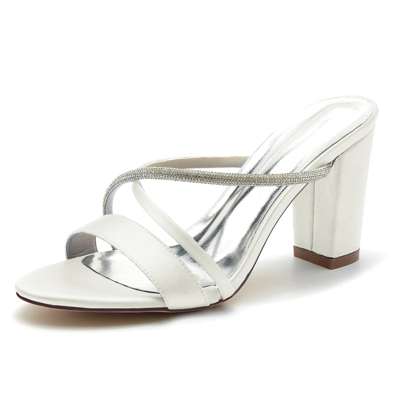 Women's Wedding Shoes Opened Toe Chunky Heel Asymmetrical Straps Slip-On Bridal Shoes