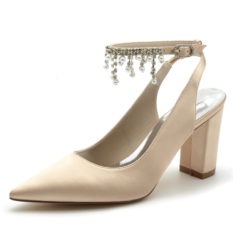 Women's Wedding Shoes Pointed Toe Chunky Heel Chic Buckle Bridal Shoes with Pearl Tassel