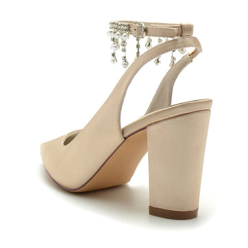 Women's Wedding Shoes Pointed Toe Chunky Heel Chic Buckle Bridal Shoes with Pearl Tassel