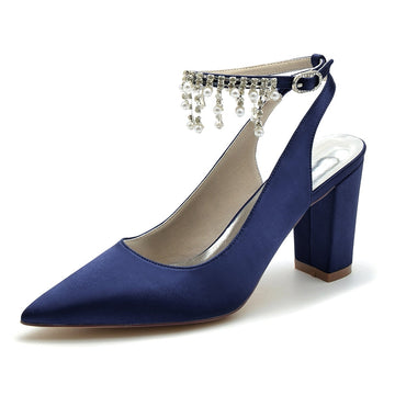 Women's Wedding Shoes Pointed Toe Chunky Heel Chic Buckle Bridal Shoes with Pearl Tassel
