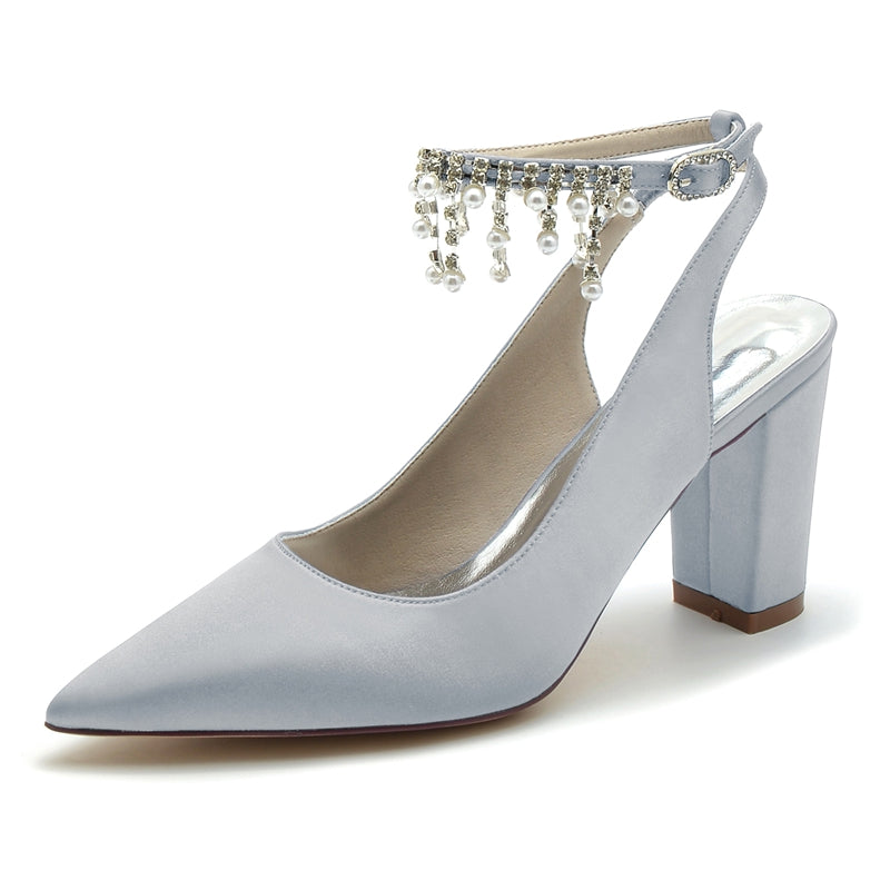 Women's Wedding Shoes Pointed Toe Chunky Heel Chic Buckle Bridal Shoes with Pearl Tassel