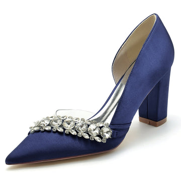 Women's Wedding Shoes Pointed Toe Block Heel Luxurious Rhinestone Bridal Shoes