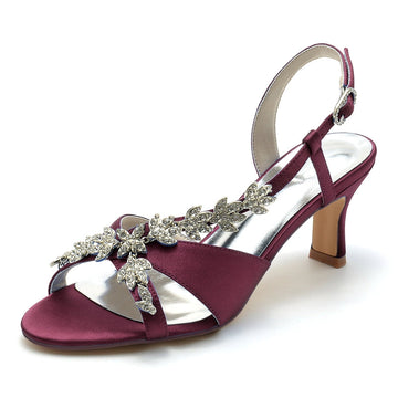 Women's Wedding Shoes Peep Toe Mid Heel Leaf Rhinestone Straps Buckle Bridal Shoes