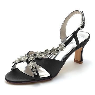 Women's Wedding Shoes Peep Toe Mid Heel Leaf Rhinestone Straps Buckle Bridal Shoes