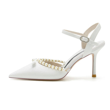 Women's Wedding Shoes Pointed Toe High Heel Buckle Bridal Shoes with Delicate Pearl & Bowknot