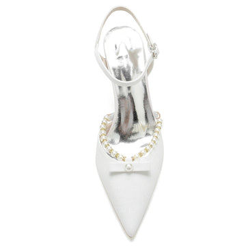 Women's Wedding Shoes Pointed Toe High Heel Buckle Bridal Shoes with Delicate Pearl & Bowknot