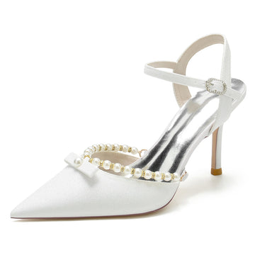 Women's Wedding Shoes Pointed Toe High Heel Buckle Bridal Shoes with Delicate Pearl & Bowknot