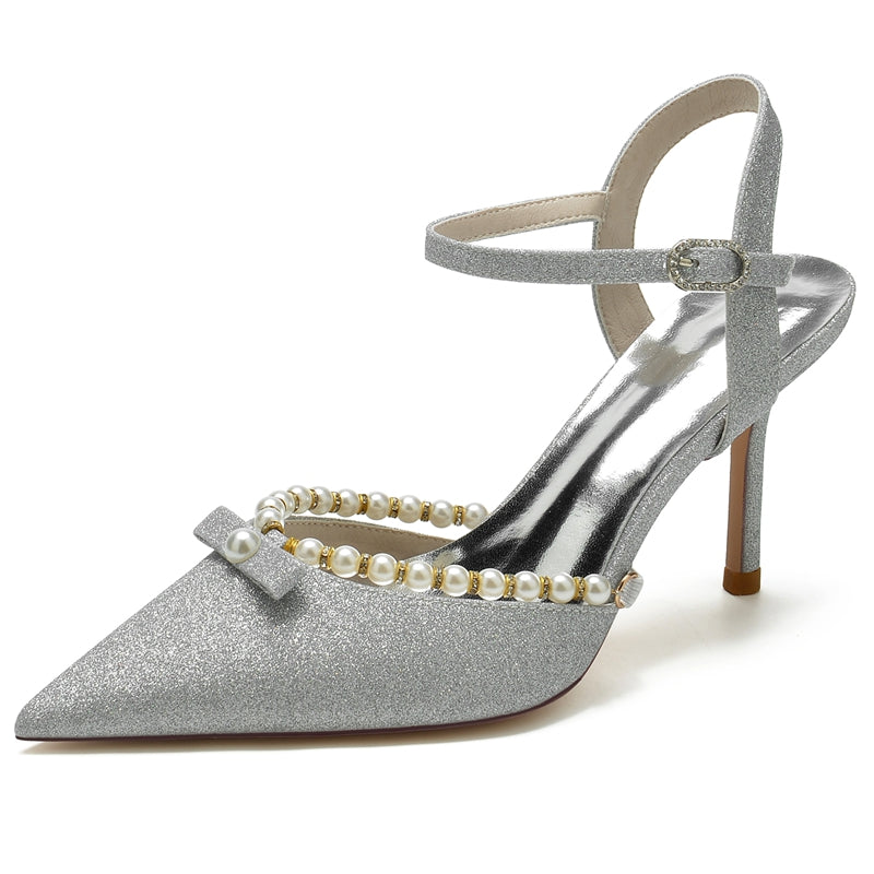 Women's Wedding Shoes Pointed Toe High Heel Buckle Bridal Shoes with Delicate Pearl & Bowknot