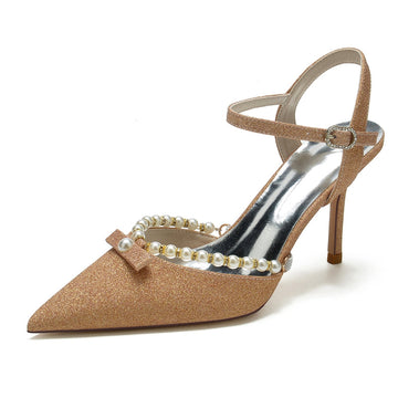 Women's Wedding Shoes Pointed Toe High Heel Buckle Bridal Shoes with Delicate Pearl & Bowknot