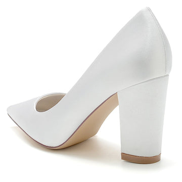 Women's Wedding Shoes White Pointed Toe Block Heel Simple Elegant Bridal Shoes