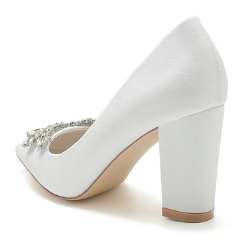 Women's Wedding Shoes Pointed Toe Chunky Heel Elegant Bridal Shoes with Delicate Rhinestone