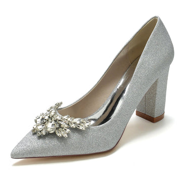 Women's Wedding Shoes Pointed Toe Chunky Heel Elegant Bridal Shoes with Delicate Rhinestone