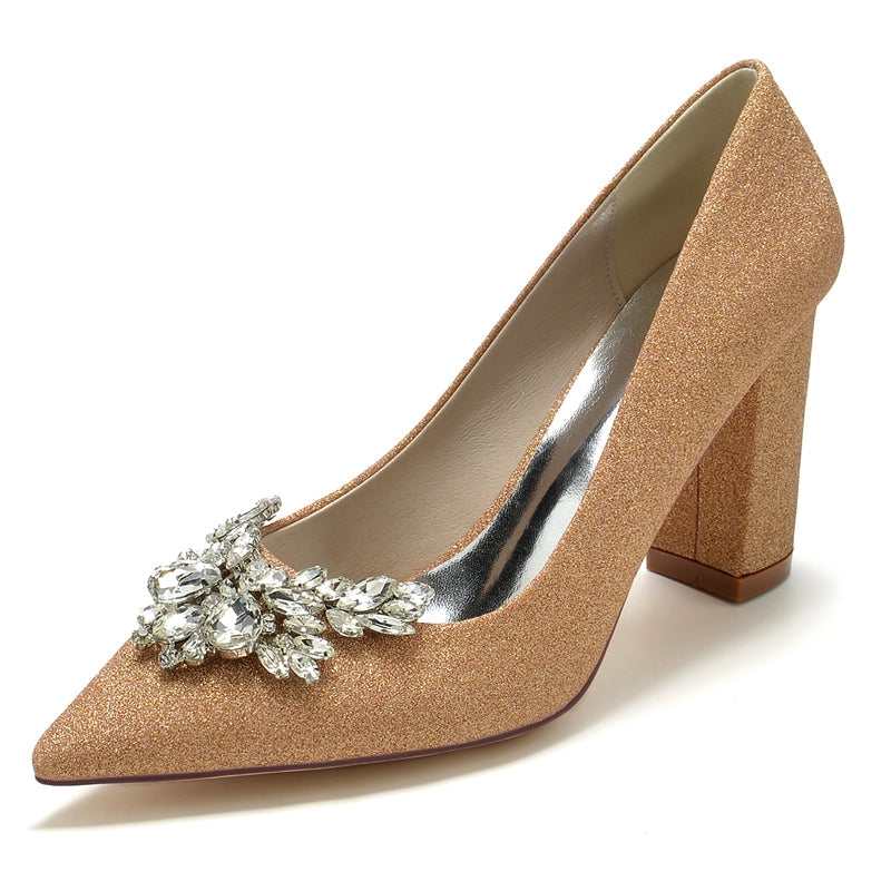Women's Wedding Shoes Pointed Toe Chunky Heel Elegant Bridal Shoes with Delicate Rhinestone