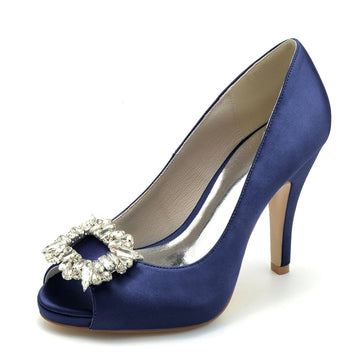 Women's Wedding Shoes Champagne Open Toe Elegant Bridal Shoes with Square Rhinestone