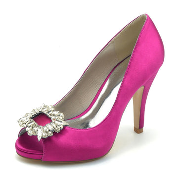 Women's Wedding Shoes Champagne Open Toe Elegant Bridal Shoes with Square Rhinestone