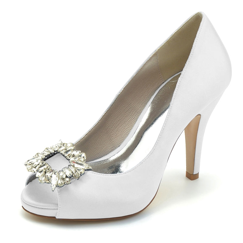 Women's Wedding Shoes Champagne Open Toe Elegant Bridal Shoes with Square Rhinestone