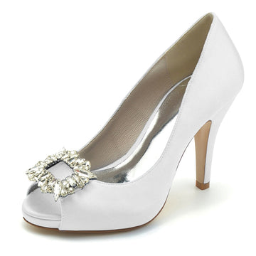 Women's Wedding Shoes Champagne Open Toe Elegant Bridal Shoes with Square Rhinestone