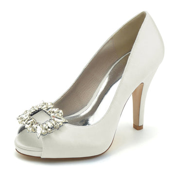 Women's Wedding Shoes Champagne Open Toe Elegant Bridal Shoes with Square Rhinestone